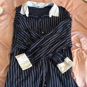 Old Navy Navy Blue and White Striped Button-Down Shirt